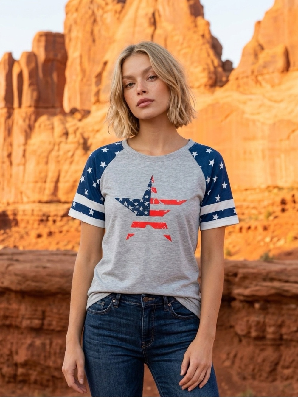 Amazon Grey Tee with Blue Star Raglan Sleeves and Red Star Graphic